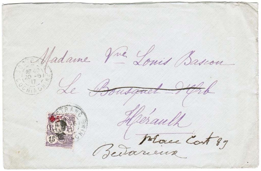 Use of One-Line 15 + 5 centimes In 1917, postage for a letter to France was paid with a 15 centimes + 5 centimes Red Cross semi-postal stamp.