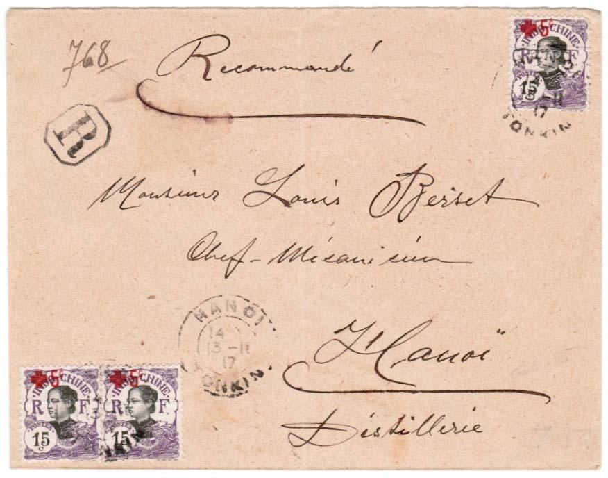 Use of One-Line 15 + 5 centimes Each of the three copies of the 15 + 5 centimes semi-postal stamps on this cover exhibits a horizontal