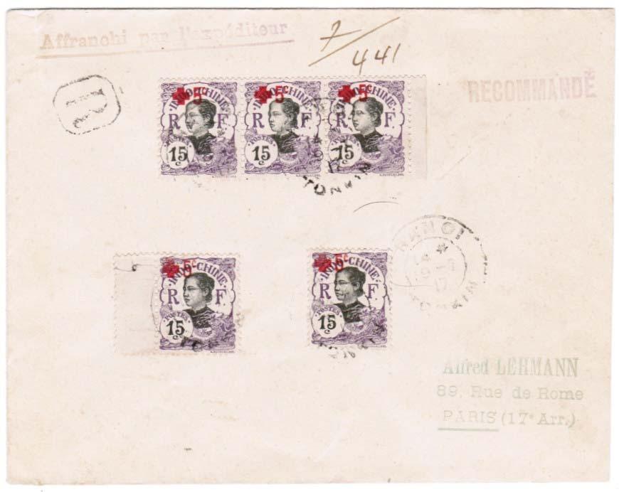 Use of One-Line 15 + 5 centimes Five of the high value semi-postal stamps significantly over[aid the registered letter rate to France in 1917.