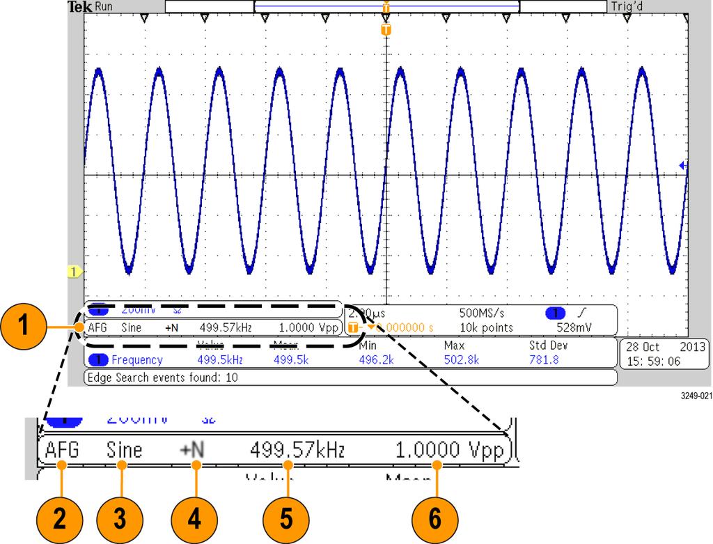 Get Acquainted with the Instrument Identifying Items in the Arbitrary Function Generator Display 1. If visible, the output is on 2. AFG label 3.