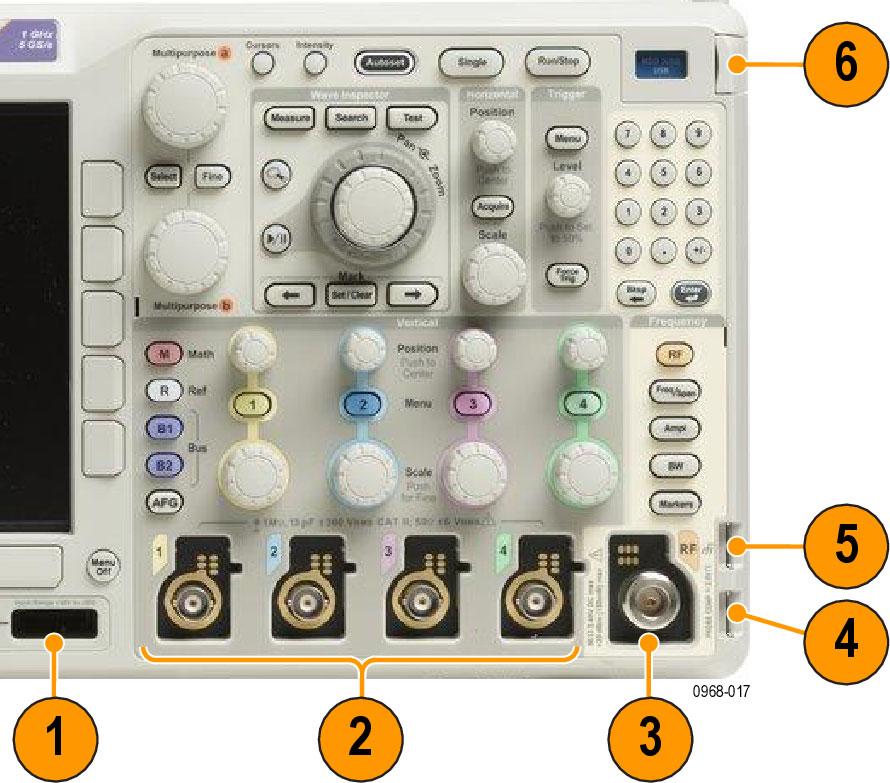 Get Acquainted with the Instrument Front Panel Connectors 1. Logic Probe Connector 2. Channel 1, 2, 3, 4. Channel inputs with TekVPI Versatile Probe Interface. 3. RF input connector. 4. PROBE COMP.