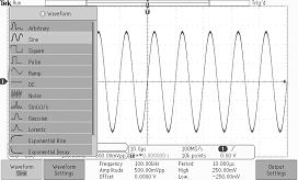 Use the Arbitrary Function Generator How to change the waveform type 1. Push the AFG buttontobringuptheafg lower menu. Waveform Sine Wave form Settings Frequency Amplitude Offset 100.00kHz 500.