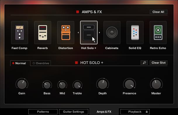 The Amps & FX Page 5 The Amps & FX Page Clicking on the Amps & FX tab (at the bottom of the instrument) will open a page where you can apply several studio effects to the signal.