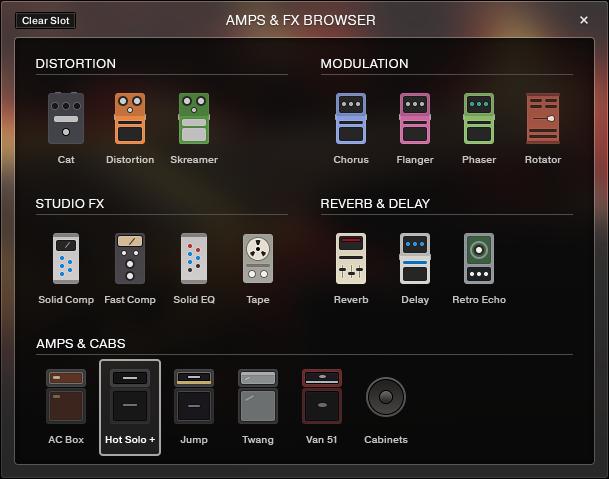 The Amps & FX Page The Amps & FX Browser For greater sonic versatility, the included amp models do not include speaker models.