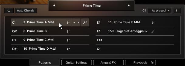 Using ELECTRIC SUNBURST Playing Strummed or Arpeggiated Chords and Riffs To select a pattern via the user interface, click on the pattern you wish to use.