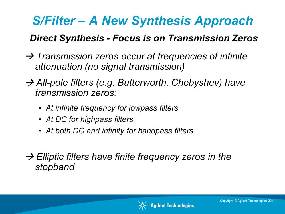 The S/FILTER synthesis tool, included in Agilent Genesys, is the fifth synthesis tool. It uses a technique called direct synthesis that allows for nonconventional designs.
