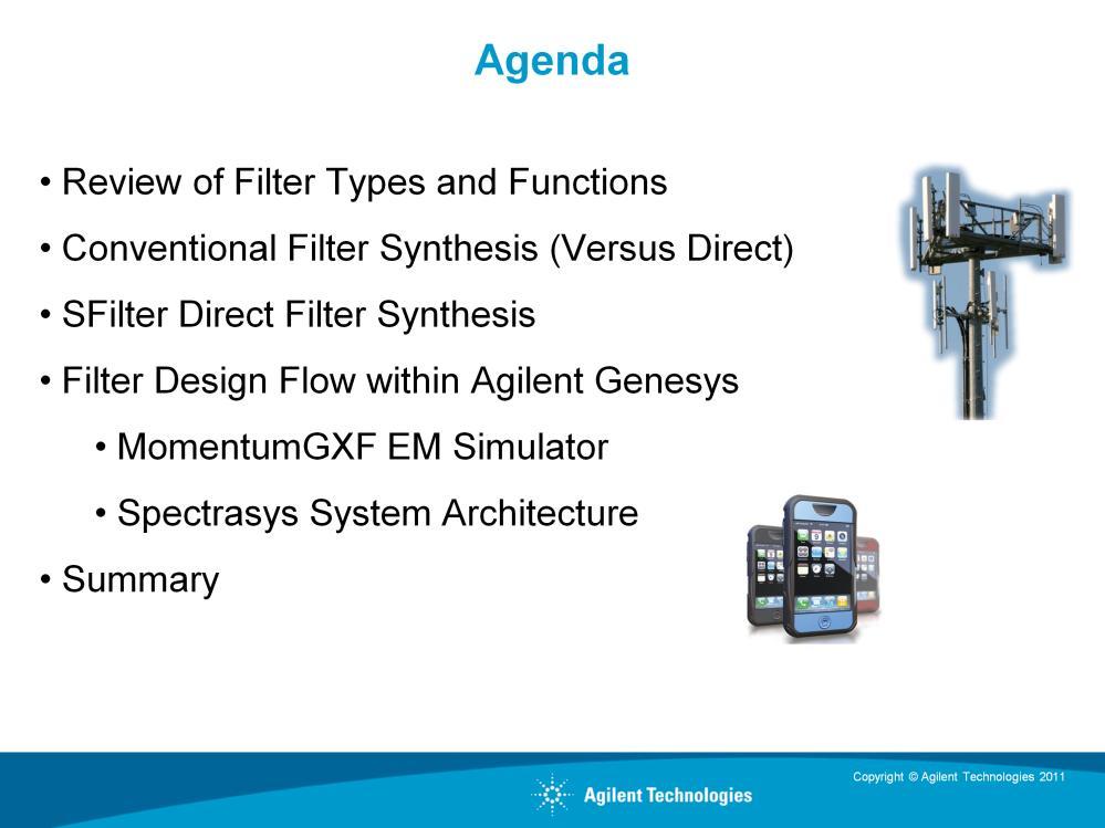 This is just a brief review of our agenda, first we will review the Functions and types of filters and filter selection. The we will discuss conventional filter design and synthesis techniques.