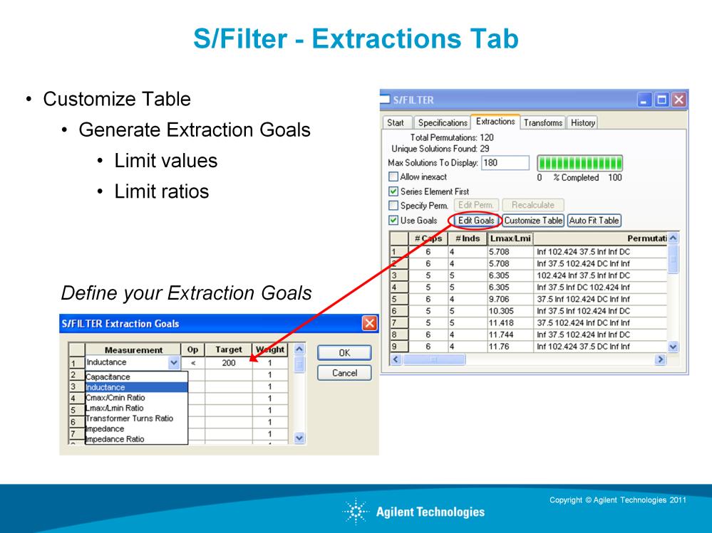 The number of designs in the table can be further filtered by entering extraction goals.