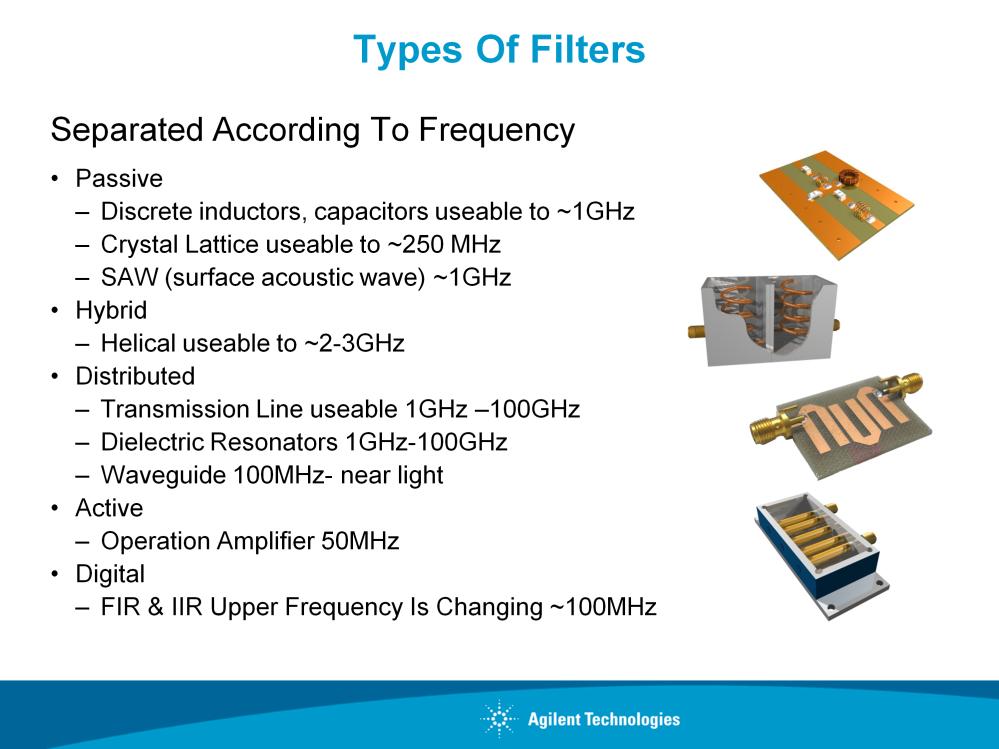 Filters have a common function based upon the frequency at which they are required to operate. Different physical realizations are used based upon these frequencies.