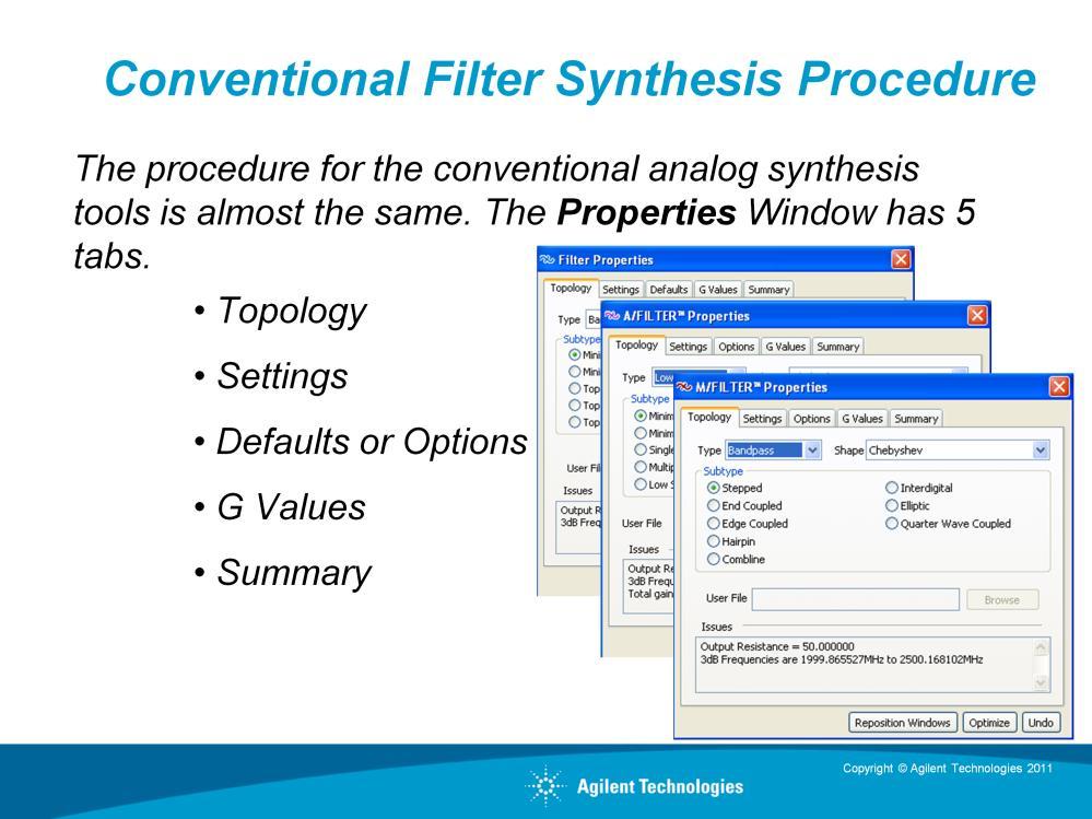 First we will examine the process for synthesizing a conventional LC filter. The procedure for the 3 conventional analog synthesis tools is almost the same.