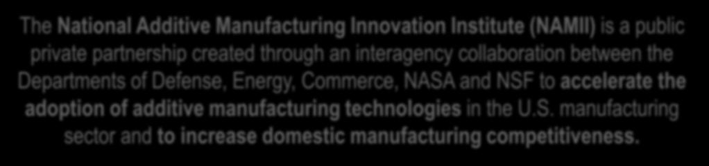 National Additive Manufacturing Innovation Institute (NAMII) The National Additive Manufacturing Innovation Institute (NAMII) is a public private partnership created through an interagency