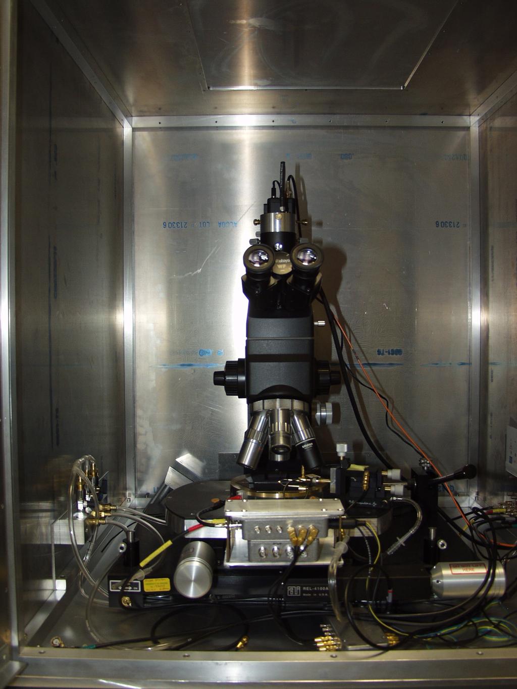 Test Setup for Cosmics, Sources and Laser Modified probe station, allows laser to be target on entire detector IR microscope