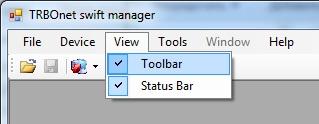 7. 1. 6 View Select View to manage TRBOnet Swift Manager interface. Check the View Items for displaying (Toolbar, Status bar). Selected Items will be displayed in the console: 7. 1. 7 Tools Select TRBOnet Swift Manager language in the Tools menu.