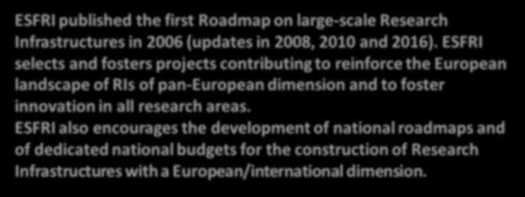 ESFRI Roadmaps ESFRI published the first Roadmap on large- scale Research Infrastructures in 2006 (updates in