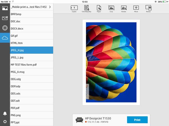 Users can print a wide selection of file formats such as Microsoft Office documents, as well as PDF, JPEG and TIFF files; when they wish to print a file either stored locally on their device, an