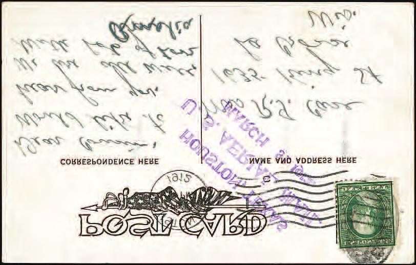 Above (both sides): A previously unreported three-line handstamp used on a picture postcard flown