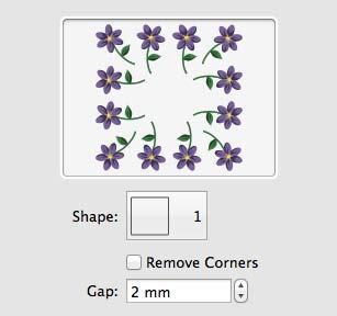 Shape Place up to two selected embroideries around the edge of a shape. Use Repeated Embroideries in a Shape 1 Place 2 small embroideries on the work area and select them ( A).
