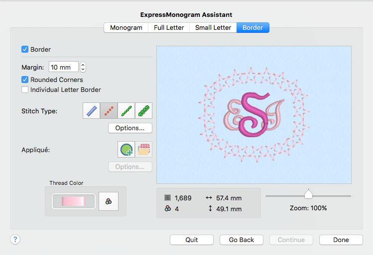 Use the Full Letter and Small Letter pages to select how the large letters in the monogram are displayed. Select the font, size, stitch type, thread color and spacing of the letters.