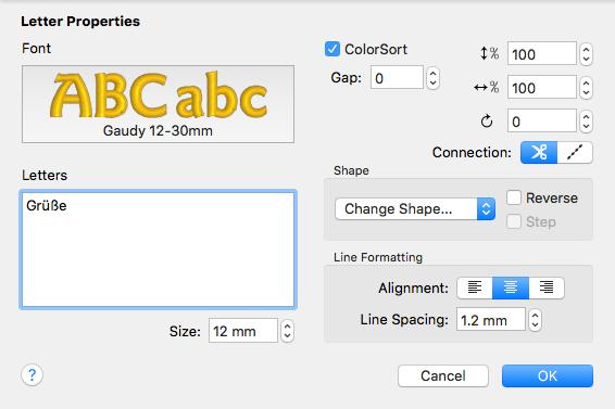 Letter Properties Use the Letter Properties dialog to alter the font, lettering shape, text, proportions, connection and line formatting when editing lettering.