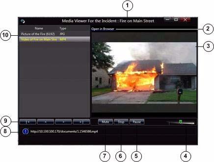 View Area Chapter 3 Figure 3-38 Media Viewer Pop-Up Window 1 Name of the incident with which the image or video is associated. 2 Open in Browser link Appears only for live video or a video clip.