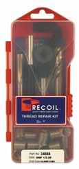 Recoil kits contain an HSS tap, installation tools, tang break tools, drills, stainless steel inserts, and instructions, in a sturdy reusable container.