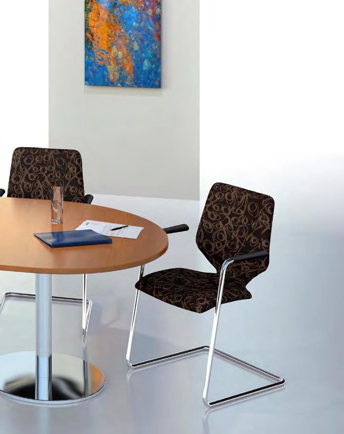 Fulcrum F3 chairs with black leather arms. Ambus rectangular table on panel bases, in white MFC.