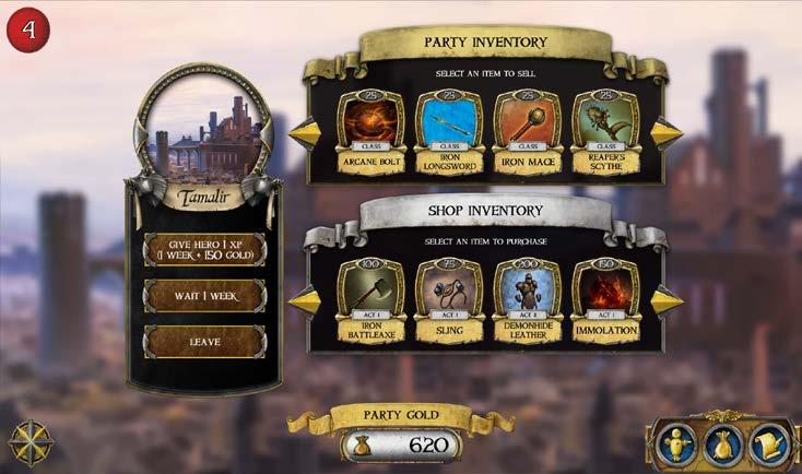 Cities After resolving a quest, heroes often travel to a city to shop for equipment and refresh their morale. Visiting a city requires one week, and players do so by selecting the city on the screen.
