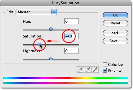 Click on the New Adjustment Layer icon at the bottom of the Layers palette and choose a Hue/Saturation adjustment layer from the list that appears: Select a Hue/Saturation adjustment layer.