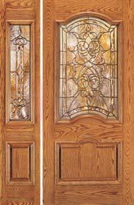 CLASSIC COLLECTION A412 Oak Woodgrain Door and Sidelight, Honey Finish, H Glass (Clear Beveled, Clear Baroque, Glue Chip), Brass Caming A401B Sidelight Glass, B Glass (Clear Beveled, Glue Chip, Clear