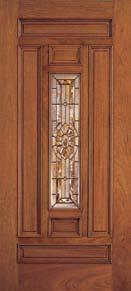 CLASSIC COLLECTION A302 Mahogany Woodgrain Door, Cashmere Finish, J Glass, (Clear Beveled, Glue Chip), Brass Caming A432 Mahogany Woodgrain Door and TDL Sidelights,