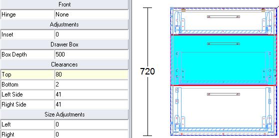 To select a smaller drawer height, click on the drawer front in the section view.