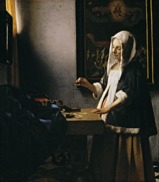 Artist: Jan Vermeer Title: Woman Holding a Balance Medium: Oil on canvas Size: 15 ⅞ X 14" (39 X 35 cm) Date: c. 1664 Source/ Museum: National Gallery of Art, Washington, D.C.