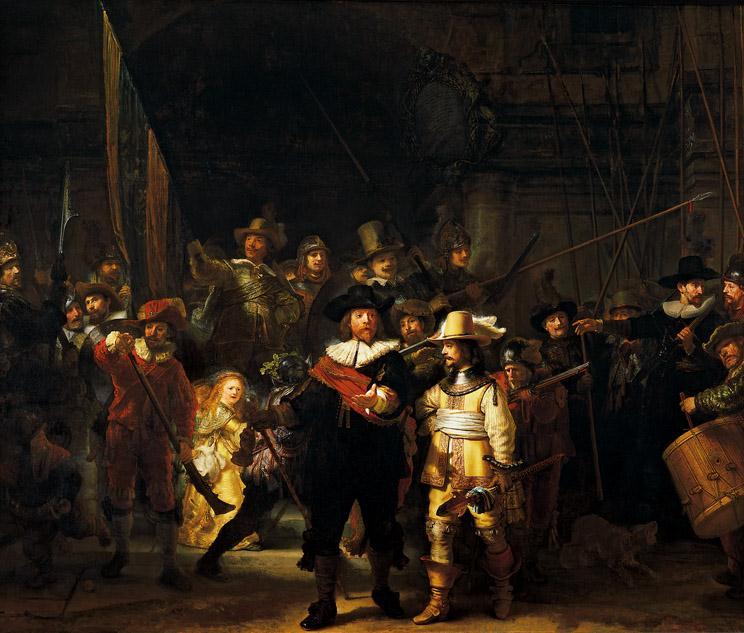Artist: Rembrandt van Rijn Title: Captain Frans Banning Cocq Mustering His Company (The Night Watch) Medium: Oil on canvas Size: 11'11" X 14'4" (3.63 X 4.