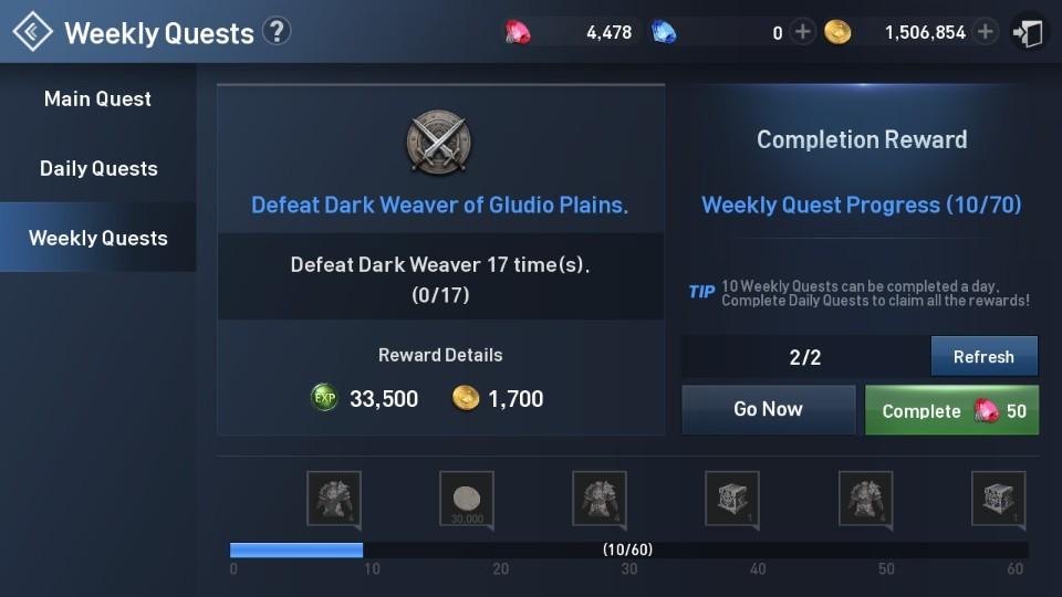 Weekly Quests In addition to Daily Quests, players can complete Weekly Quests for rewards. You can complete up to 15 Weekly Quests each day and 105 Weekly Quests each week.