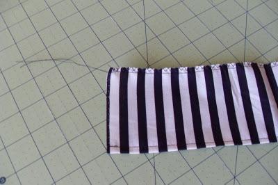 Take one of your bottom panel pieces. Hem up the bottom as you did each of your ruffles.