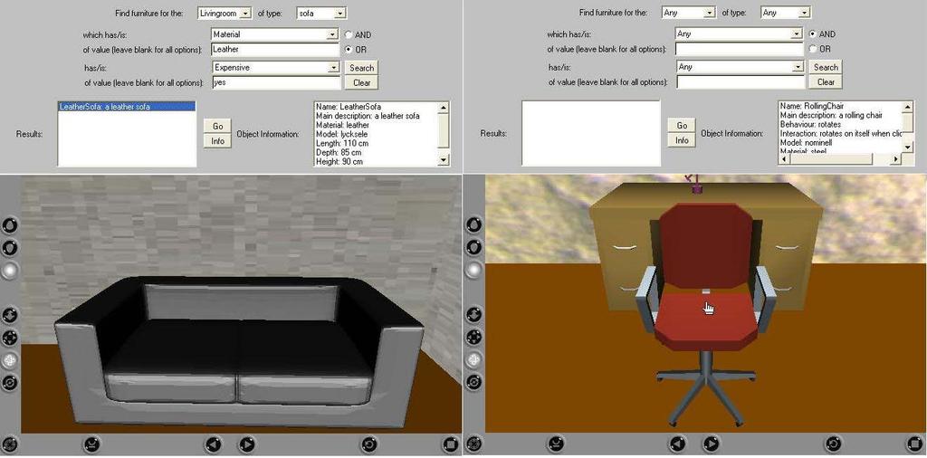 Figure 2a. User asks for an expensive sofa (left). Figure 2b. Users points at the chair and all the information related to the chair is being displayed inside the applet (right).