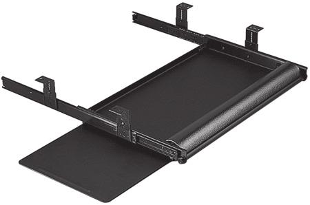 60 Fits 29 wide spaces 28-3/4" Lycra gel/pvc cushion wrist rest wraps around the front edge of the drawer Integral ambidextrous mousing surface inside tray Black finish, plastic construction Size