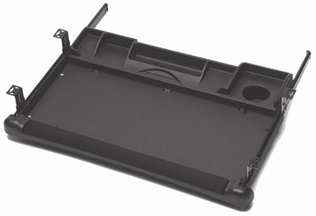 lb. class load rating Fits 24" wide knee space under desk or other work surface Integral, adjustable wrist rest Friction latch in open position Black finish Size  KV5700BLK18 21[¾]" W 21[¾] x 18 1