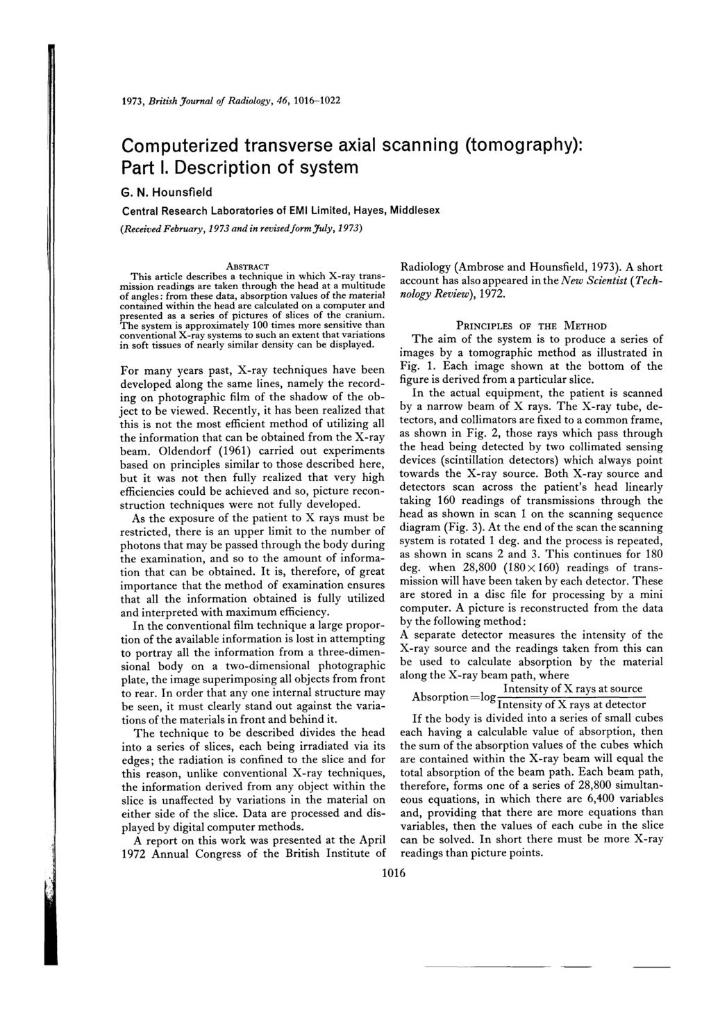 1973, British Journal of Radiology, 46, 1016-1022 Computerized transverse axial scanning (tomography): Part I.