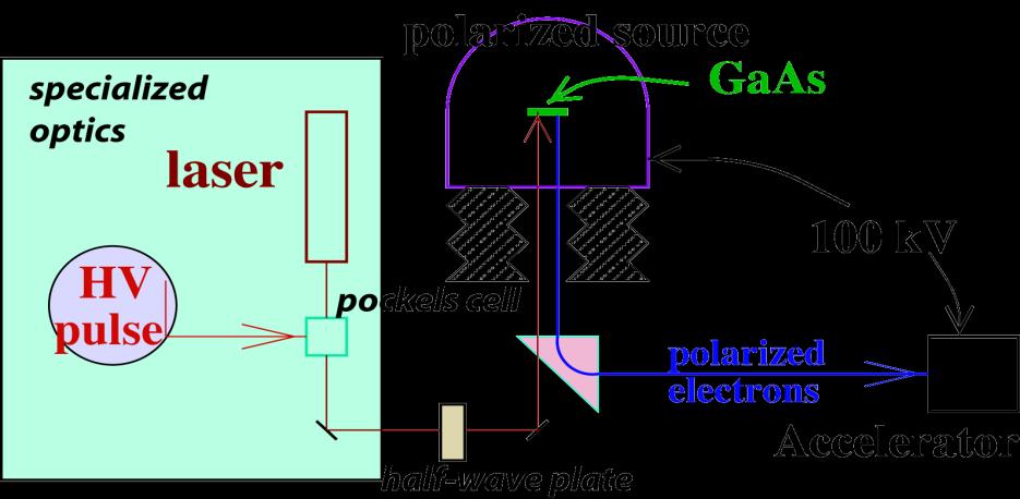 Polarized Electron Beam at Jefferson Lab Electron beam is produced by shining a high intensity laser on a superstrained GaAs cathode which then emits electrons due to the photoelectric effect.