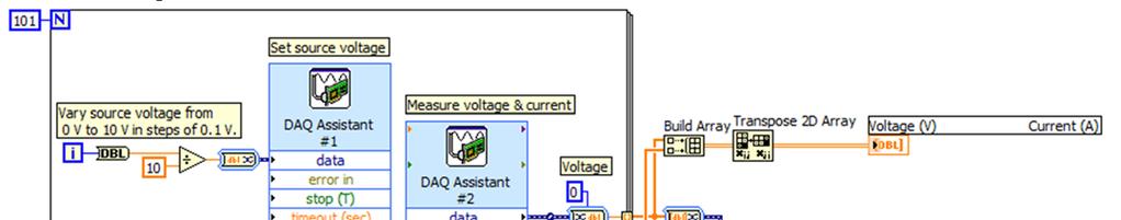 5. Wire the VI s block diagram to look like the one shown below. Most of this should be familiar to you from previous programs, but read on for discussion of a few unfamiliar points. 6.