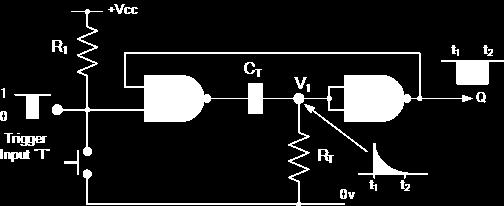 6 Suppose that initially the trigger input T is held HIGH at logic level 1 by the resistor R 1 so that the output from the first NAND gate U1 is LOW at logic level 0 (NAND gate principals).