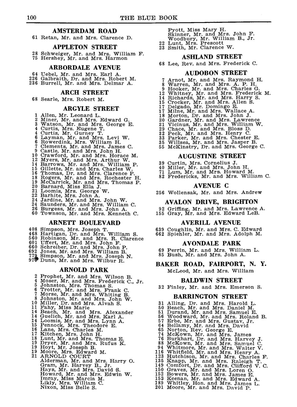 100 THE BLUE BOOK AMSTERDAM ROAD 61 Retan, Mr. and Mrs. Clarence D. APPLETON STREET 28 Schweiger, Mr. and Mrs. William F. 75 Hershey, Mr. and Mrs. Harmon ARBORDALE AVENUE 64 Uebel, Mr. and Mrs. Earl A.