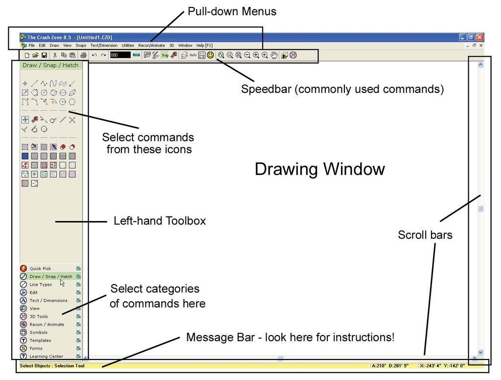 Pull-down Menus All of the program commands can be selected from these menus, organized into command categories. Most commands can also be selected from the left-hand toolbox.