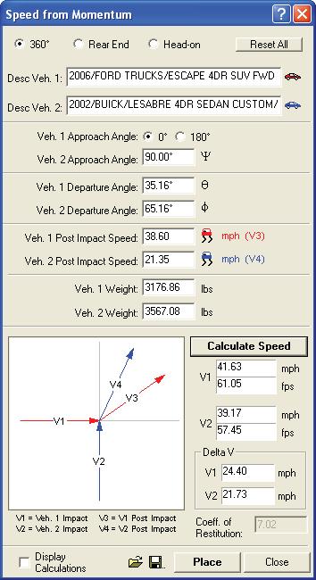 The formulas used by the Momentum Calculator require that vehicle 1 have an approach angle of either 0 or 180 degrees.