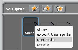 Now duplicate the arrow sprite twice, by right clicking on the arrow underneath the stage and selecting duplicate from the menu. Duplicate the sprite twice to have a total of three sprites.