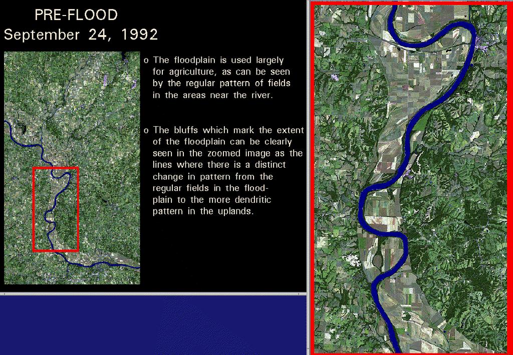 Geomorphological effects of the 1993-flood floodplain hills TM images: bands 7, 5, and 3 (R,G,B).