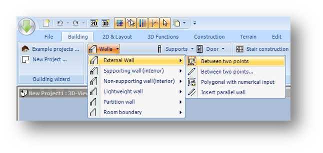 colour of your guidelines. 3.8 Placing Walls Walls are selected from Walls tool located at Building-Building Wizard-Walls.