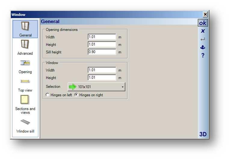 Right click on the Building-Constructional elements- Window tool in the toolbar and the Window properties dialog will appear.