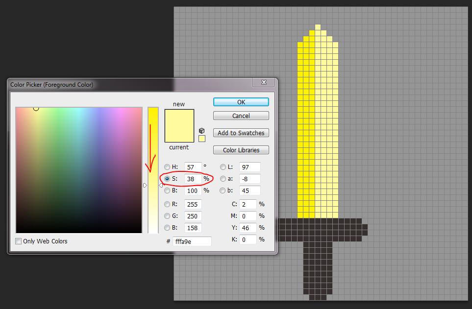 Figure 7: The short cut for the Eyedropper Tool is (I) Figure 8: Change the saturation on the base yellow to get the right light yellow for the